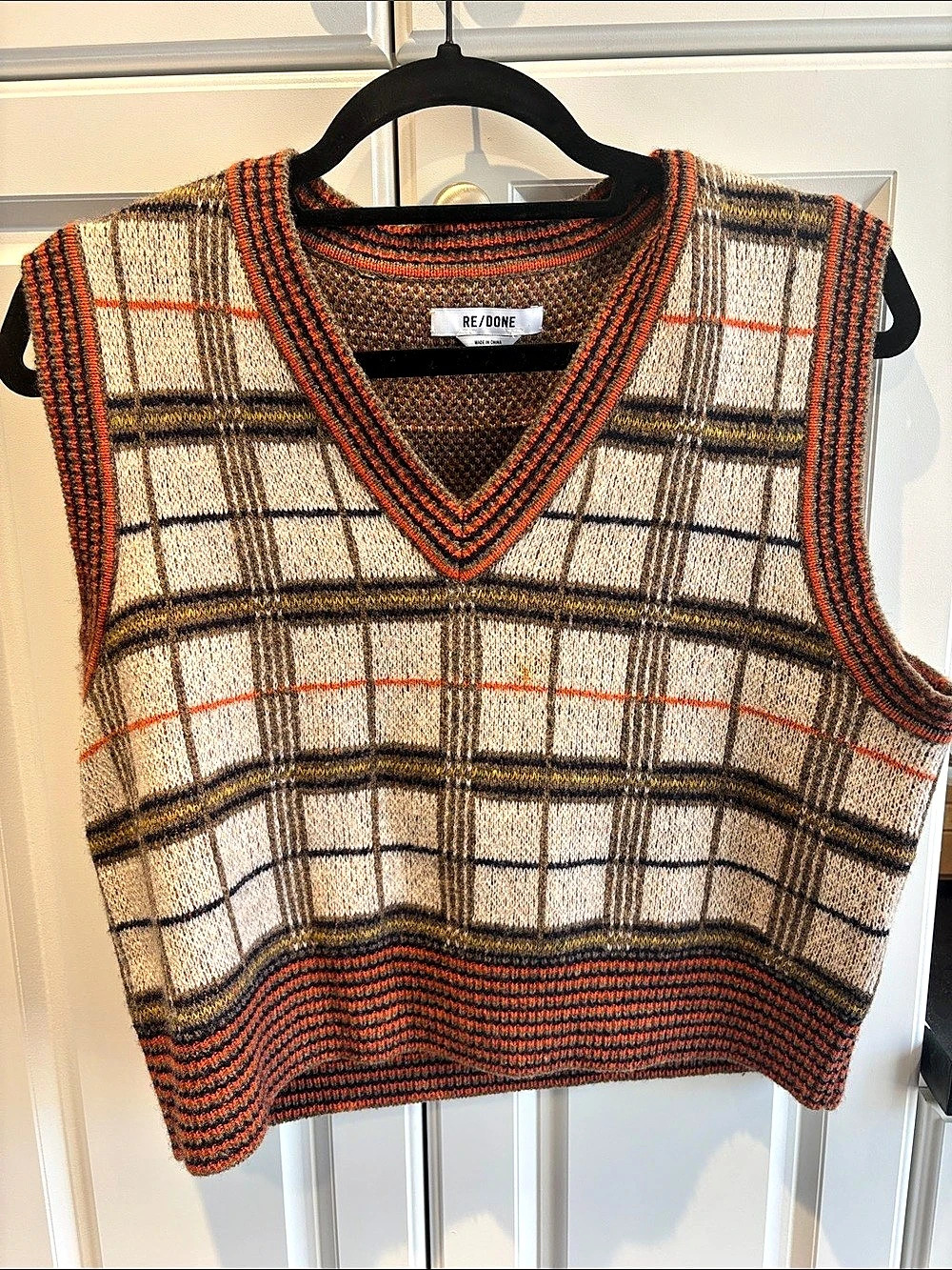RE/DONE 60s Sweater Vest Plaid Brown & Orange Medium